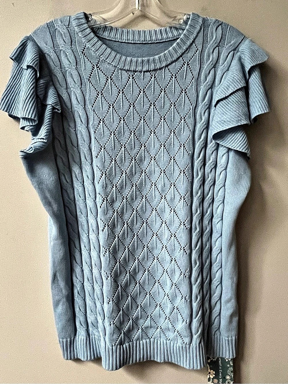 Cicibird Womens Blue Ruffle Sleeve Cable Knit Pointelle Sweater Top Medium NWT